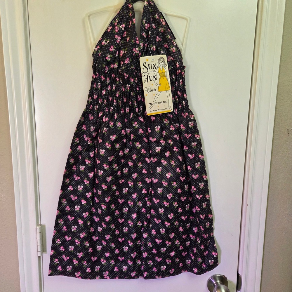 Vintage Sun and Fun Wear Girls Floral Polka Dot Smocked Halter Dress OSFA Black